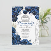 Quinceañera mit Royal Navy Blue Rose und Tiara Einladung (Stehend Vorderseite)