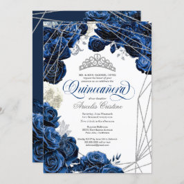 Quinceañera mit Royal Navy Blue Rose und Tiara   Einladung