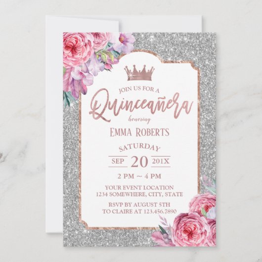 Quinceanera Modern Floral Silver Glitzer Geburtsta Einladung (Vorderseite)