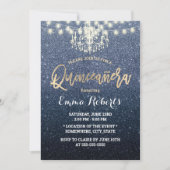 Quinceanera Modern Navy Blue Glitzer Chandelier Einladung (Vorderseite)