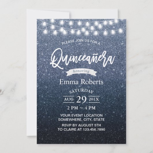 Quinceanera Modern Navy Blue Glitzer String Lights Einladung (Vorderseite)
