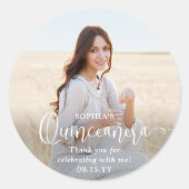 Quinceañera Modern Trendy Script & Foto Vielen Dan Runder Aufkleber (Vorderseite)