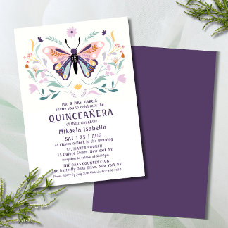 Quinceañera Moderne rosa Lila Schmetterlingsflora Einladung