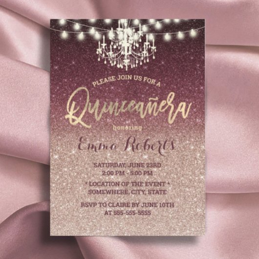 Quinceanera Moderne Rose Gold & Burgund Glitzer Einladung