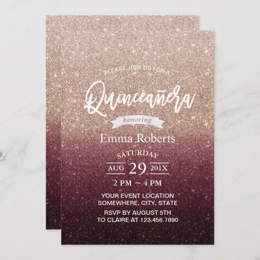 Quinceanera Modernes Burgund & Rose Gold Ombre Einladung (Vorne/Hinten)