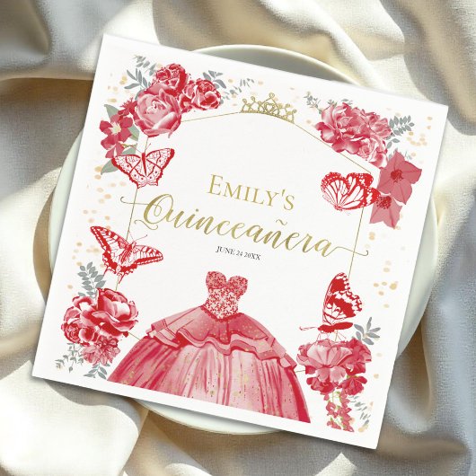 Quinceanera Napkins Rotes Kleid Flora Goldener Fos Serviette