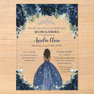 Quinceanera Navy Blau Floral Silber Braun Prinzess Acryleinladungen