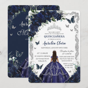 Quinceañera Navy Blau Floral Silber Prinzessin Einladung