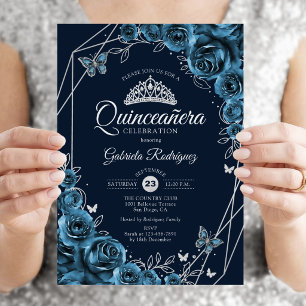 Quinceanera Navy Blau Silber Blumen Einladung
