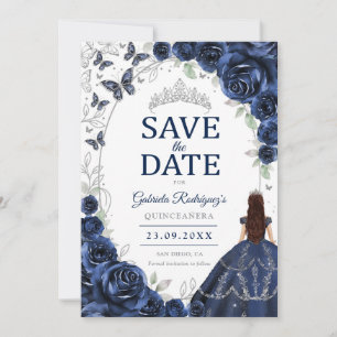 Quinceanera Navy Blau Silber Blumen Save The Date