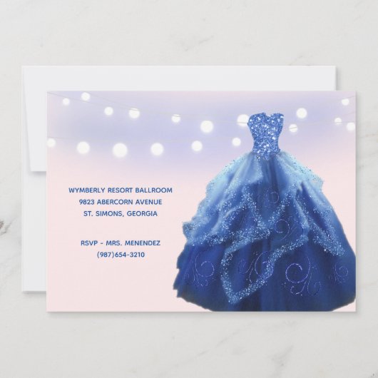 Quinceanera Navy Blue Blush String Lights Einladung (Rückseite)