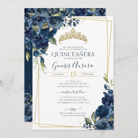 Quinceañera Navy Blue Elegante Wasserfarben Einladung (Vorne/Hinten)