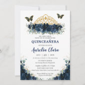 Quinceañera Navy Blue Floral Butterfells Krone Einladung (Vorderseite)