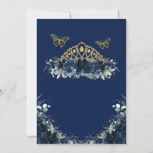 Quinceañera Navy Blue Floral Butterfells Krone Einladung (Rückseite)
