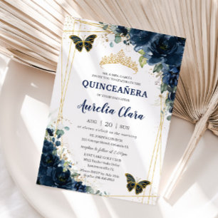 Quinceañera Navy Blue Floral Butterfells Krone Einladung