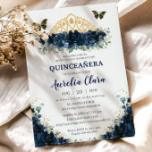 Quinceañera Navy Blue Floral Butterfells Krone Einladung