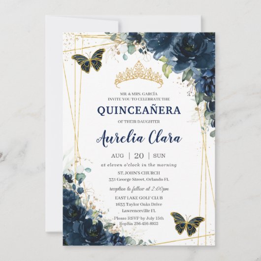 Quinceañera Navy Blue Floral Butterfells Krone Einladung (Vorderseite)