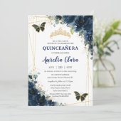 Quinceañera Navy Blue Floral Butterfells Krone Einladung (Stehend Vorderseite)