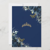 Quinceañera Navy Blue Floral Butterfells Krone Einladung (Rückseite)