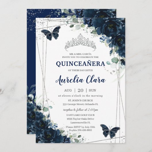 Quinceañera Navy Blue Floral Butterfisch Silver Einladung (Vorne/Hinten)