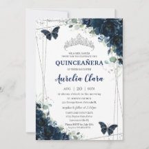Quinceañera Navy Blue Floral Butterfisch Silver
