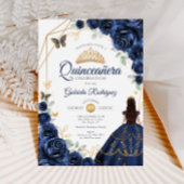 Quinceanera Navy Blue Floral Dress Gold Einladung