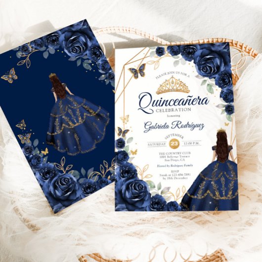 Quinceanera Navy Blue Floral Dress Gold Einladung