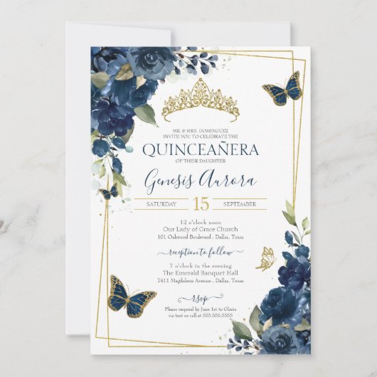 Quinceañera Navy Blue Floral Gold Butterfly Einladung (Vorderseite)
