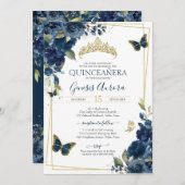 Quinceañera Navy Blue Floral Gold Butterfly Einladung (Vorne/Hinten)