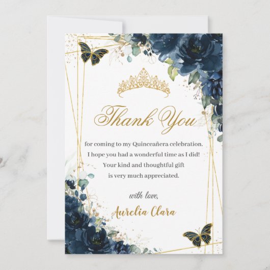 Quinceañera Navy Blue Floral Gold Schmetterlinge Dankeskarte (Vorderseite)