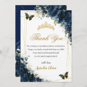 Quinceañera Navy Blue Floral Gold Schmetterlinge Dankeskarte (Vorne/Hinten)