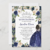 Quinceañera Navy Blue Floral Princess Birthday Einladung (Vorderseite)