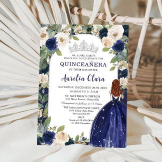 Quinceañera Navy Blue Floral Princess Birthday Einladung