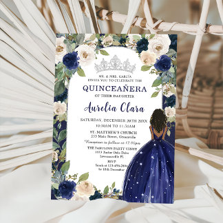 Quinceañera Navy Blue Floral Princess Birthday Einladung