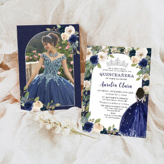 Quinceañera Navy Blue Floral Princess Birthday Einladung