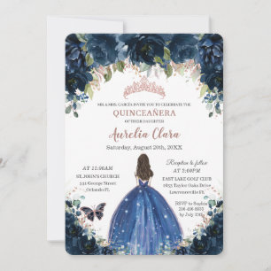 Quinceañera Navy Blue Floral Princess Rose Gold Einladung