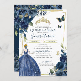 Quinceañera Navy Blue Floral Schmetterlinge und Kl Einladung