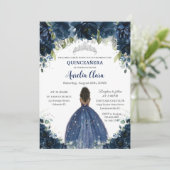 Quinceañera Navy Blue Floral Silver Brown Princess Einladung (Stehend Vorderseite)