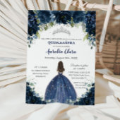 Quinceañera Navy Blue Floral Silver Princess Crown Einladung