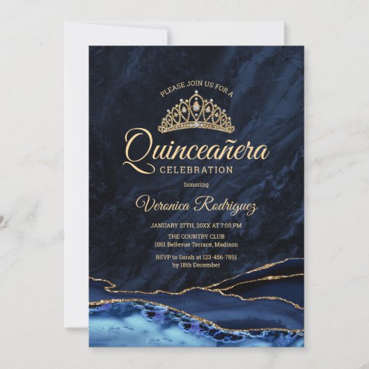 Quinceanera Navy Blue Gold Agate Marmor Einladung (Vorderseite)