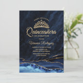 Quinceanera Navy Blue Gold Agate Marmor Einladung (Stehend Vorderseite)