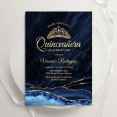 Quinceanera Navy Blue Gold Agate Marmor Einladung