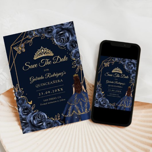 Quinceanera Navy Blue Gold Butterfly Dress Floral Save The Date