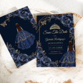 Quinceanera Navy Blue Gold Butterfly Dress Floral Save The Date