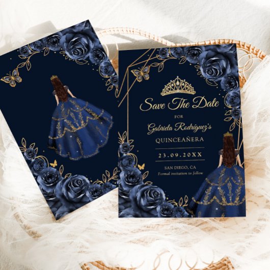 Quinceanera Navy Blue Gold Butterfly Dress Floral Save The Date