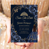 Quinceanera Navy Blue Gold Butterfly Dress Floral Save The Date