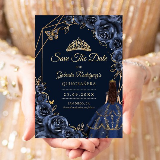 Quinceanera Navy Blue Gold Butterfly Dress Floral Save The Date