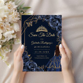 Quinceanera Navy Blue Gold Butterfly Dress Floral Save The Date