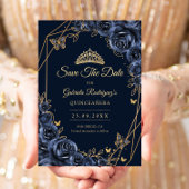 Quinceanera Navy Blue Gold Floral Butterfly Save The Date