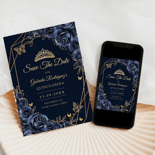 Quinceanera Navy Blue Gold Floral Butterfly Save The Date